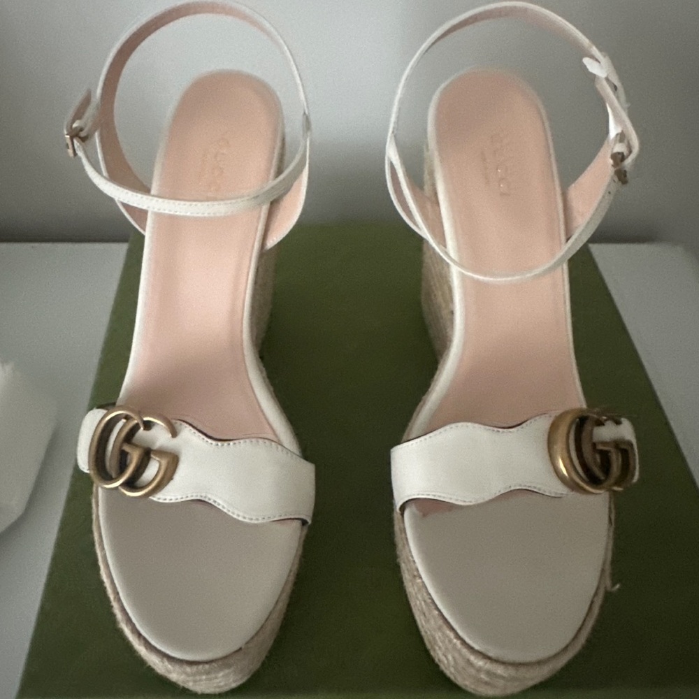 GUCCI Lifford Calfskin Aitana Espadrille Platform 130mm Wedges 42 Mystic White - Picture 5 of 8